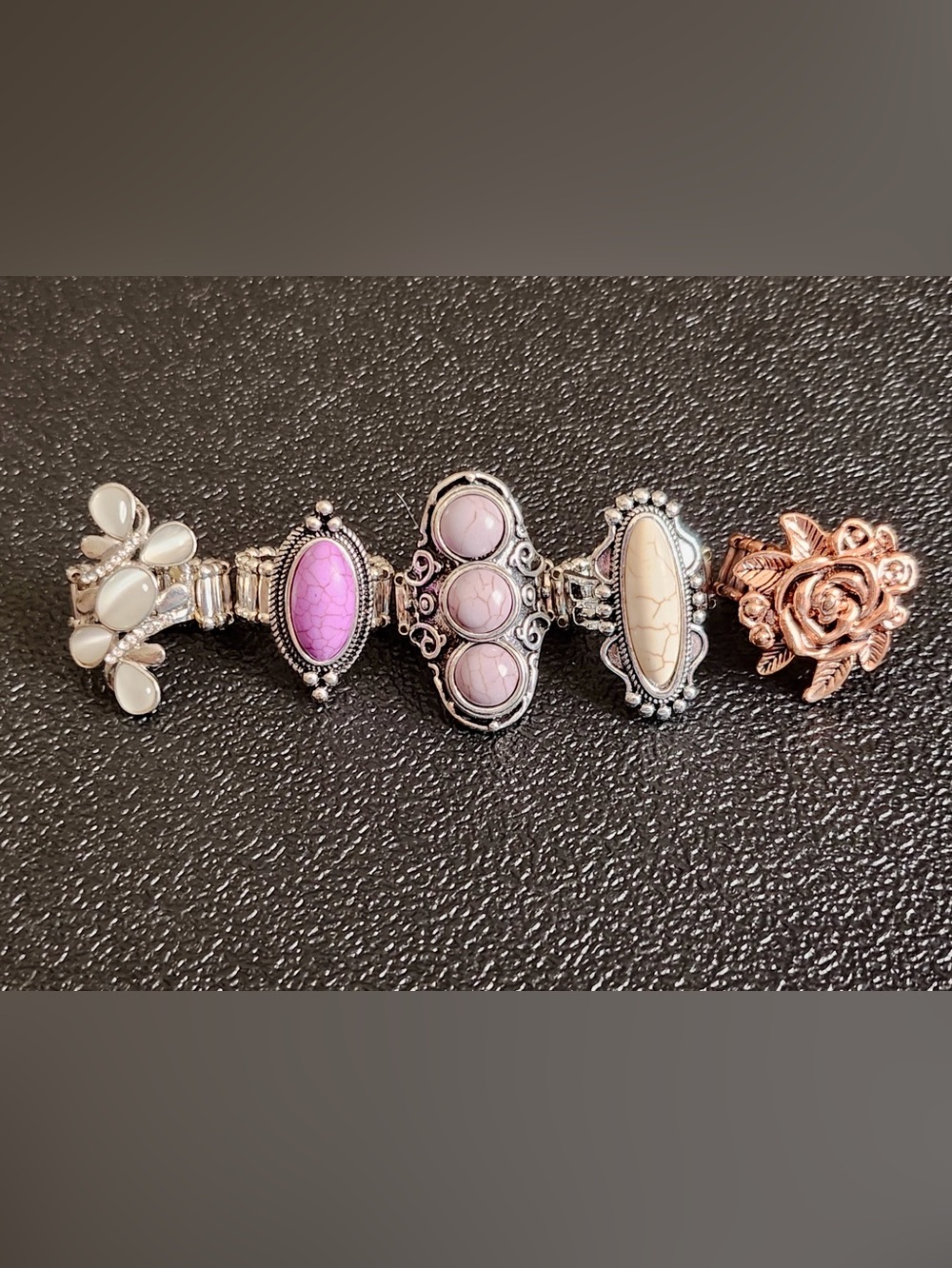 paparazzi Purple, Cream and Rose Gold Crackle Stone Faux Turquoise Stretch Rings